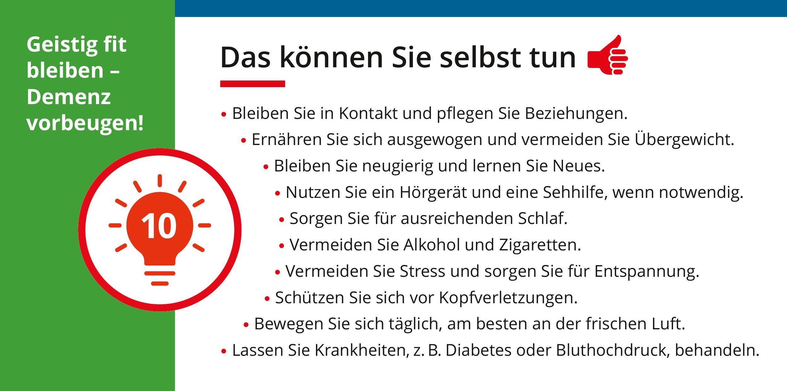 Infokarte mit 10 Tipps zur Demenzprävention Infokarte mit 10 Tipps zur Demenzprävention